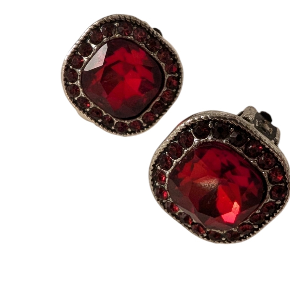 Ruby Red Square Clip-On Retro Vintage Sparkling H… - image 3